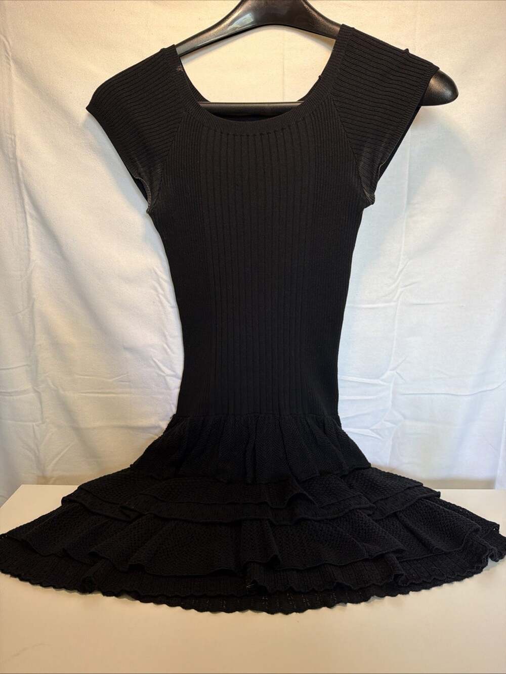 Ralph Lauren Rugby Y2K Black Ribbed Knit Tiered Ruffle Dress XS Silk Blend
